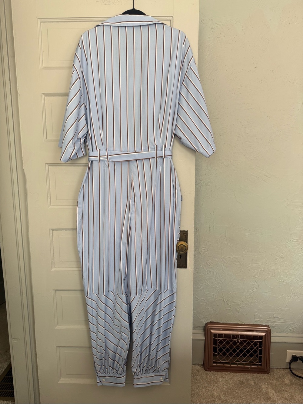 blue and white vertically striped utility jumpsuit from BCBGMAXAZRIA size XL - Picture 3 of 7